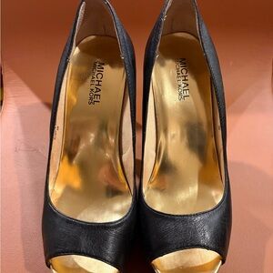 Michael Kors Black and Gold Peep Toe Heels